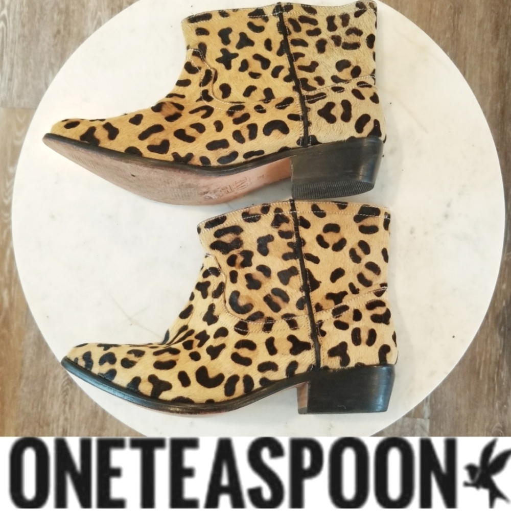 One By One Teaspoon Cowhide Leather Leopard Print Booties Pointed Toe CowboyBoot